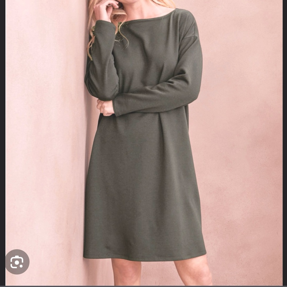 Eileen Fisher Green Fleece Pocket Front Tencel Dress XL
